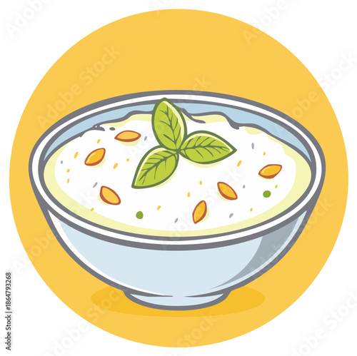 Cartoon illustration of a bowl of creamy white soup or dip garnished with fresh basil leaves and nuts