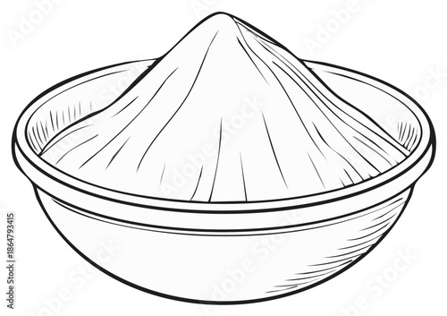 Monochrome line art illustration of a bowl filled with a conical mound of flour or cooking powder.