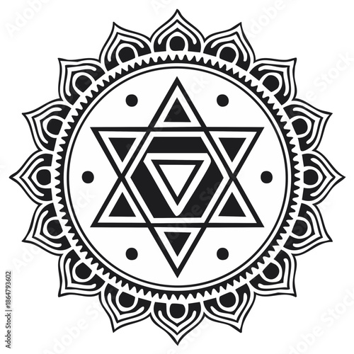 Intricate Mandala Symbol with Geometric Star and Petal Design in Black and White