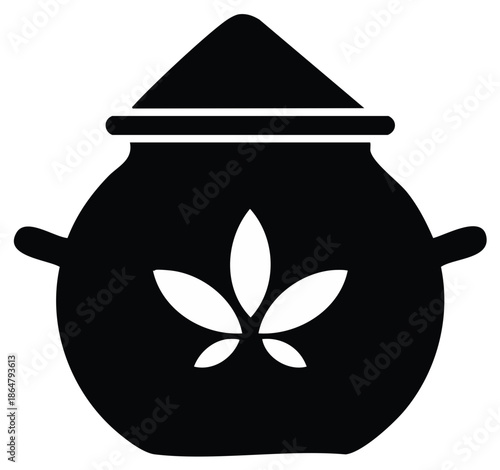 Black silhouette icon of a pot with a cannabis leaf for marijuana storage or cooking