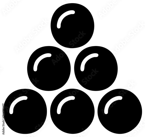Glossy black spheres meticulously stacked in a stable pyramid formation minimalist icon design