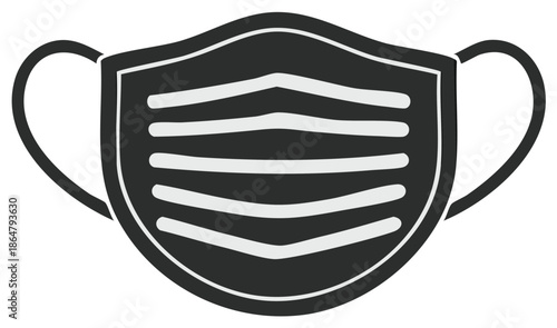 Simple graphic of a black face mask with white pleats and ear loops