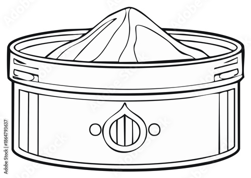 Hand drawn black and white illustration of a round traditional tin with mounded snuff tobacco