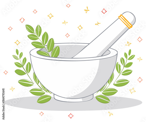Mortar and pestle illustration with fresh green leaves for herbal medicine or natural skincare preparation