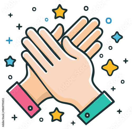 Two hands clapping together surrounded by colorful stars and sparkles celebrating success and applause