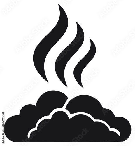 Abstract black cloud shape emitting three wavy smoke lines minimal vector graphic icon