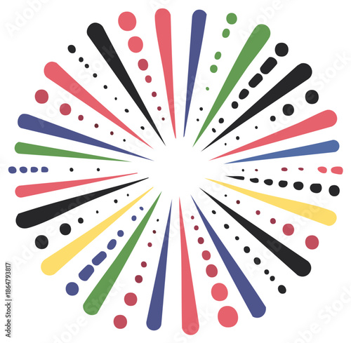 Vibrant explosion of abstract color lines and dots radiating from center
