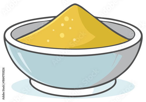Cartoon illustration of a bowl filled with yellow powder spice or flour