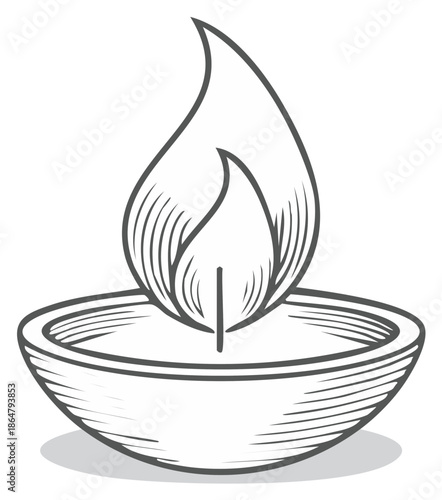 Hand drawn sketch of a lit diya oil lamp illustration with a bright glowing flame in an etched style for spirituality