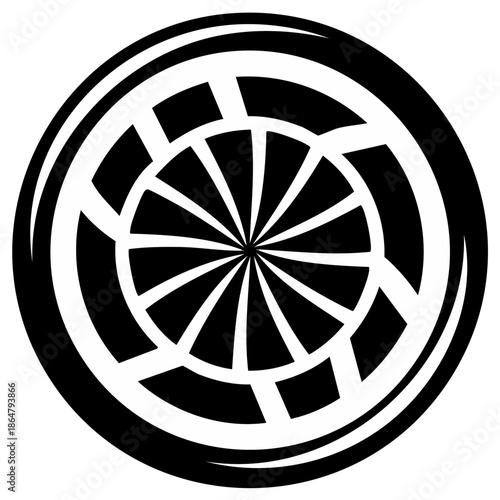 Abstract black and white circular geometric pattern with radial fanned segments and dynamic outer ring graphic design