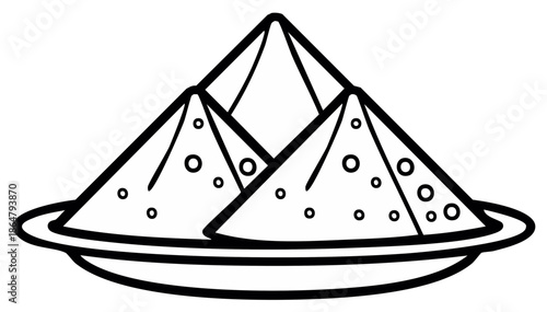 Crispy Triangular Savory Snack Samosas on a Plate Line Art