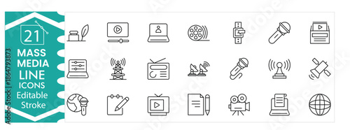 Mass media icons set, communication, news, broadcasting, television, radio, journalism, press, digital media, social platform, information sharing, advertising, editable stroke vector Illustration 