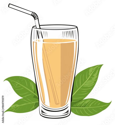 Refreshing fruit drink served in glass with straw accompanied by fresh green leaves, creating a healthy and vibrant beverage presentation