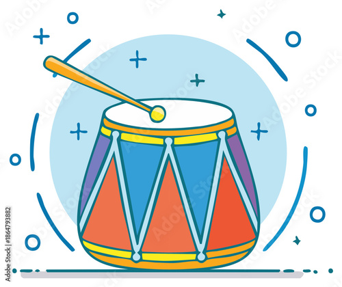 Cartoon Drum with Drumstick and Festive Decorative Elements