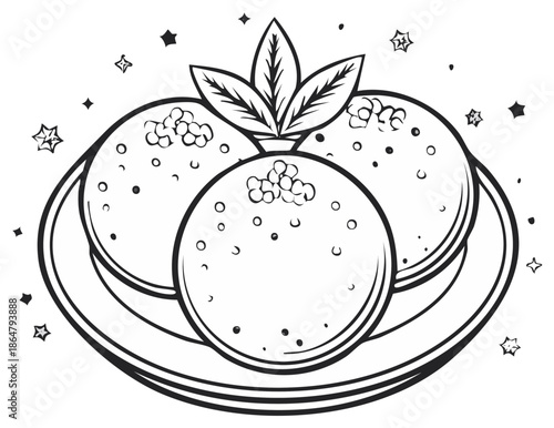 Black and white line art of three sweet dessert balls on a plate with leaf garnish and sparkles.