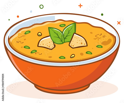 Bowl of Creamy Soup Garnished with Croutons and Basil Leaves Illustration