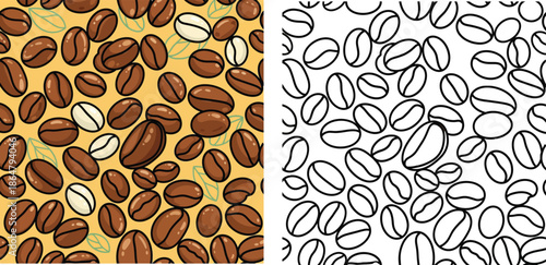 Seamless pattern of roasted coffee beans and leaves. Vector illustration set containing colored background and black and white outline texture for coloring book or packaging design.