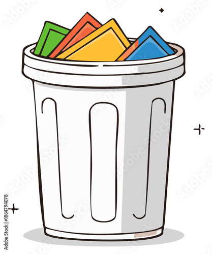 Hand-drawn illustration of colorful papers overflowing from a white trash can.