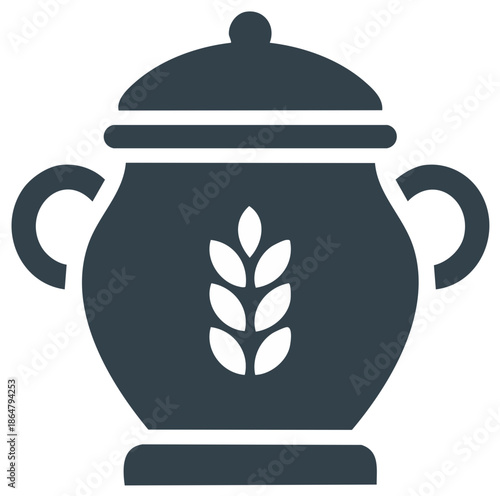A dark blue icon representing a vintage pot with handles and a wheat stalk emblem for brewing or storing grains