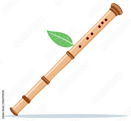 Simple vector illustration of a traditional bamboo flute, a wooden wind musical instrument with a green leaf.