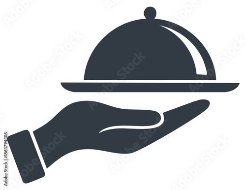 Hand holding serving platter icon, restaurant or food service concept.