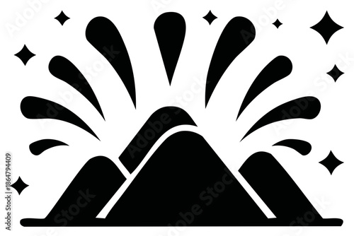 Abstract mountain eruption with fireworks and sparkling stars