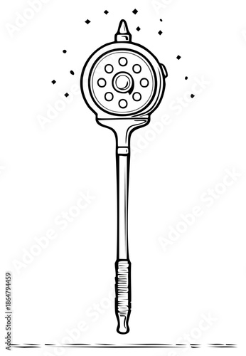 Enchanted ornate staff with glowing round mystical top line art illustration fantasy concept