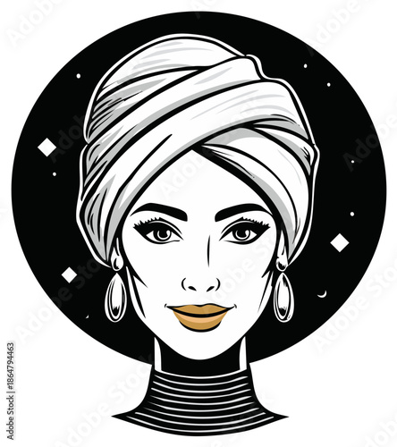 Stylish Woman Portrait with Head Wrap, Earrings, and Decorative Background
