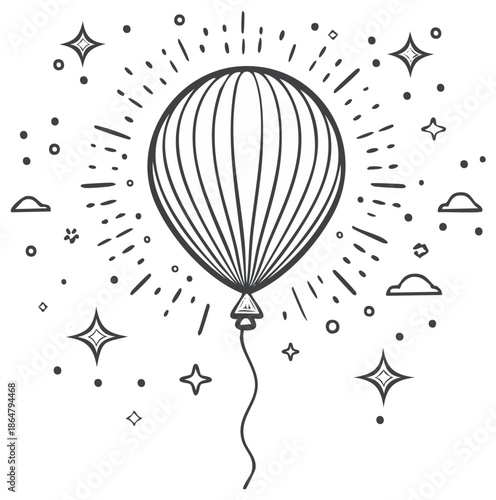 Hand drawn hot air balloon with stars and clouds illustration