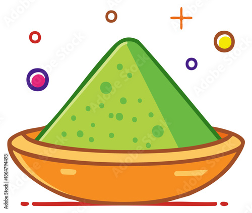 Stylized bowl of green powder, colorful geometric shapes, food ingredient or decoration, graphic element