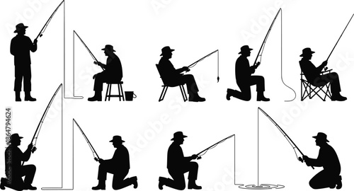 Fishing man silhouettes set showing anglers with rods in different poses isolated on white background outdoor sport vector illustration