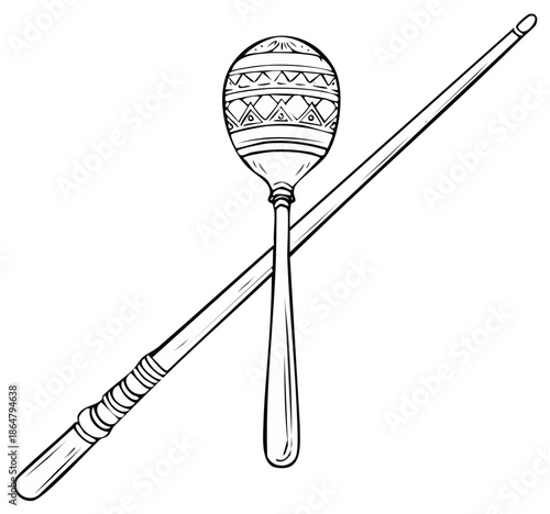Musical instruments sketch featuring a decorated maraca and a striking stick for a rhythmic black and white drawing.