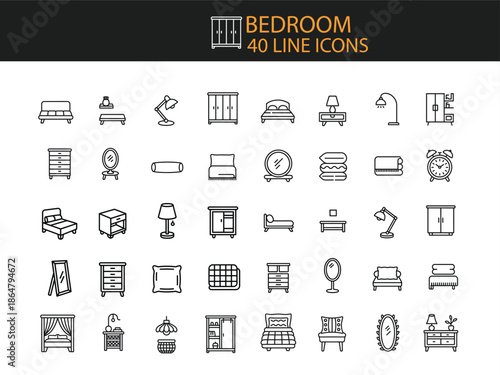 Bedroom furniture and decor line icons set on white background vector illustration