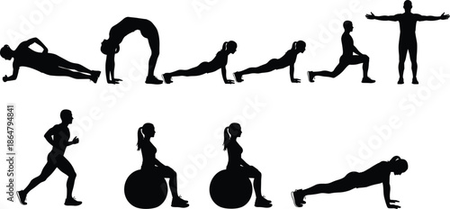 Fitness exercise silhouette set showing yoga poses, stretching, running, and strength training movements, black vector illustration isolated on white background