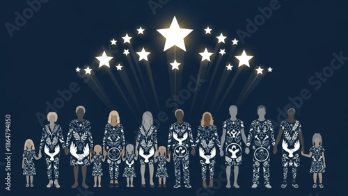 Diverse Family Group Standing Together with Stars Shining Above in Silver Outfits on Dark Background