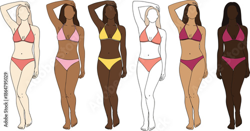 Flat vector illustration of diverse women bodies in bikinis showcasing body positivity, inclusive beauty, and different skin tones on white background