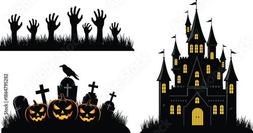 Halloween spooky silhouette set with haunted castle, graveyard pumpkins, zombie hands, and eerie night elements, black vector illustration isolated on white background