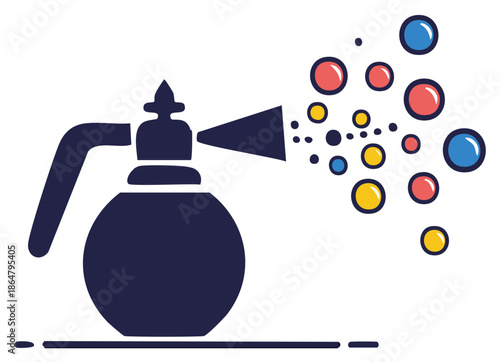 Stylized dark blue spray bottle icon diffusing colorful abstract particles and bubbles