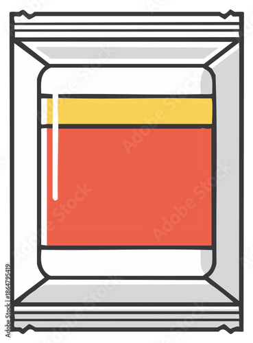 Sealed flexible plastic pouch with visible red and yellow liquid contents illustration