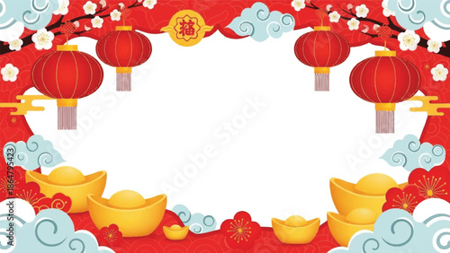 A digital illustration of a red and gold Chinese New Year frame with lanterns, clouds, and ingots on a white background.