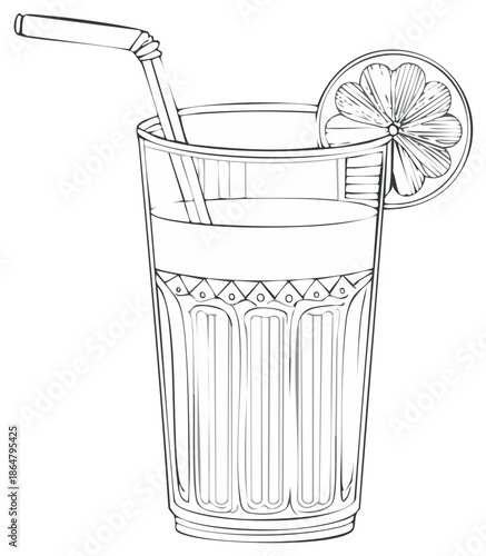 A detailed line art illustration of a refreshing glass of juice with a straw and a citrus slice garnish