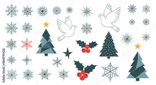 Festive collection of winter holiday design elements including decorative Christmas trees, birds, snowflakes, and holly berries.