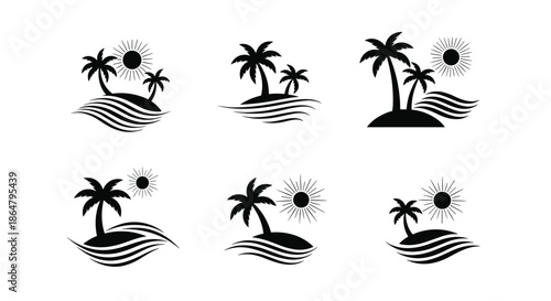 Minimalist palm tree island silhouette icons set featuring tropical beach scenes with sun and ocean waves on a clean white background for summer designs.