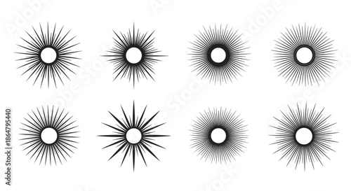 Collection of eight unique sunburst and starburst line art icons with varying radiating patterns for graphic design and branding projects on white background.