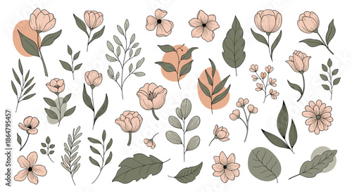 Beautiful hand drawn botanical collection of flowers and leaves in soft pink and olive green colors perfect for wedding stationery and feminine branding.