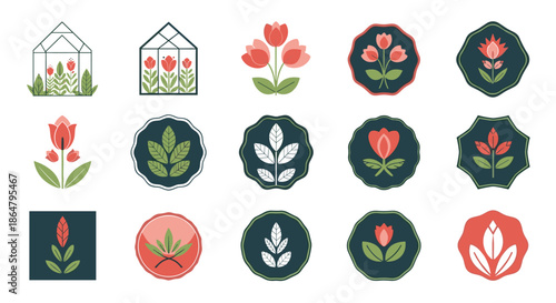 Set of garden and greenhouse icons featuring tulips and foliage in various badge shapes with a color palette of red green and navy blue for plant lovers.