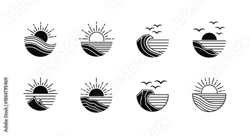 Circular sunrise and sunset icons depicting waves ocean views and soaring birds in a bold black silhouette style for travel and nautical branding projects.