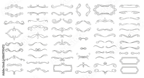 Large set of elegant black line art flourishes and decorative dividers featuring curls and scrolls for sophisticated wedding and editorial layout designs.