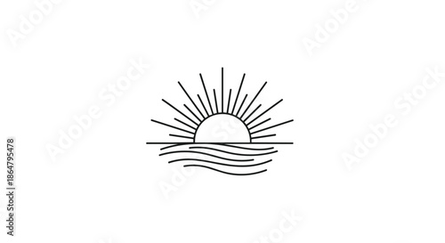 Minimalist black line art illustration of a rising sun with long rays over stylized ocean waves for a clean and modern coastal-themed graphic design.