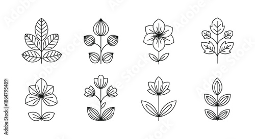 Symmetrical black line art icons of botanical arrangements including flowers leaves and berries for clean and modern nature-themed logos and branding.